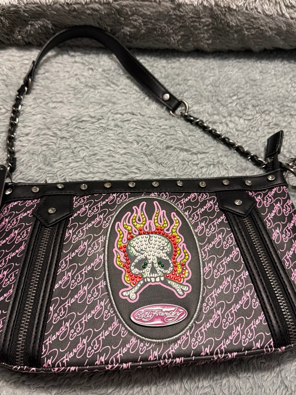 Ed Hardy Pink Script Skull Rhinestone Shoulder Bag - Picture 3 of 5